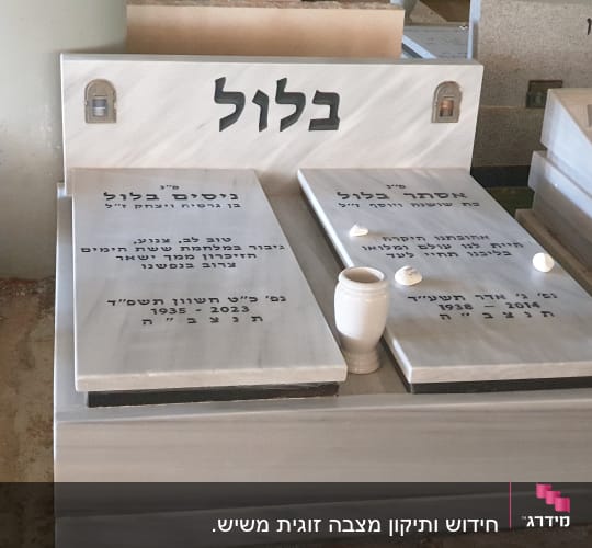 שני מצבות עם כיתוב בעברית ואבנים קטנות